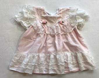 Baby Girls Pink Dress Vintage 80s Cute Pastel Adorable Babies Child Kids Lace Roses Swiss Dots Ruffles Party Dress