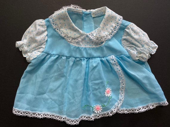 Baby Girls Pretty Dress and Bonnet Vintage 80s Cute Pastel Blue and White Adorable Newborn Babies Child Kids Catton Candy View 2