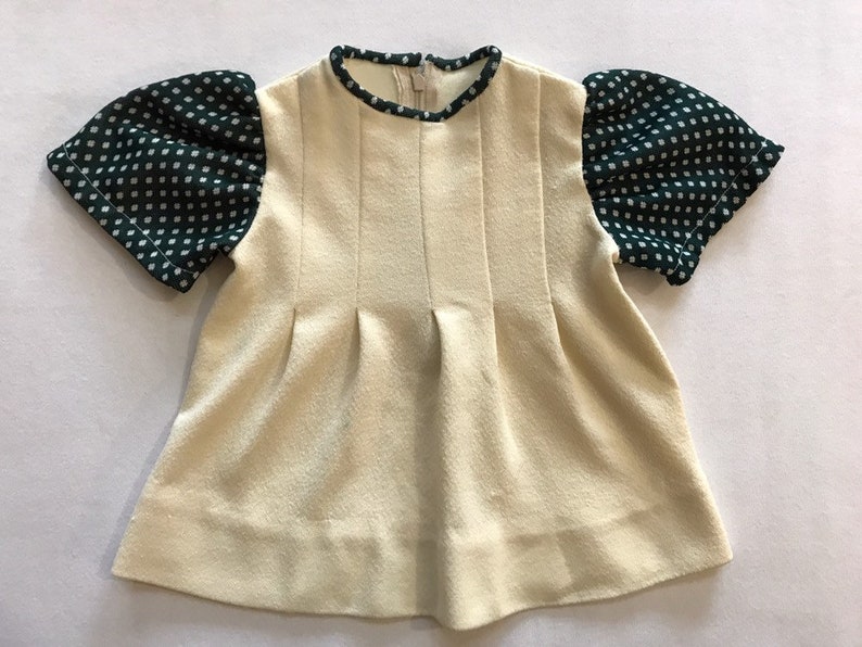 Vintage Handmade Dress for Baby Girls Toddlers Kids 70s 80s Retro Cute Shirt Top Creme Green Polka Dot