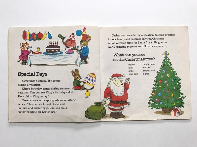 May include: An open book with illustrations of a birthday party, a bunny painting an Easter egg, and a polar bear dressed as Santa Claus standing next to a decorated Christmas tree. The text on the page reads "Special Days" and "What can you see on the Christmas tree?"