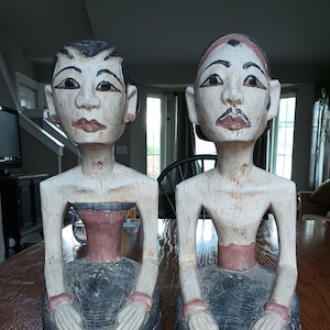 Antique, hand carved, Indonesian, wood, man and woman sculptures, vintage bali male and female sculpture