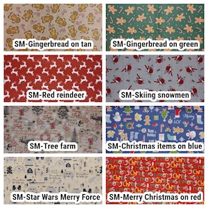 May include: A collage of ten different fabric swatches featuring various Christmas-themed patterns. The swatches include gingerbread men on tan and green backgrounds, red reindeer on a red background, skiing snowmen on a gray background, a tree farm pattern on a beige background, Christmas items on a blue background, and a Star Wars Merry Force pattern on a beige background. The final swatch features a red background with the words "Merry Christmas" repeated.