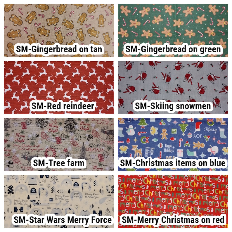 May include: A collage of ten different fabric swatches featuring various Christmas-themed patterns. The swatches include gingerbread men on tan and green backgrounds, red reindeer on a red background, skiing snowmen on a gray background, a tree farm pattern on a beige background, Christmas items on a blue background, and a Star Wars Merry Force pattern on a beige background. The final swatch features a red background with the words "Merry Christmas" repeated.