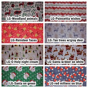 May include: A collage of ten different fabric swatches featuring various Christmas-themed patterns. The patterns include woodland animals, poinsettias, reindeer faces, tan trees with gray deer, a holy night scene, Santa with deer on a white background, Santa on a green background, and red mittens on a blue background.