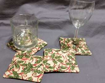 Christmas Fabric Wine Coaster Set/Reversible Beverage Coaster/Wine Glass Slipper/Mug Rug/Stemware Coaster/Free shipping