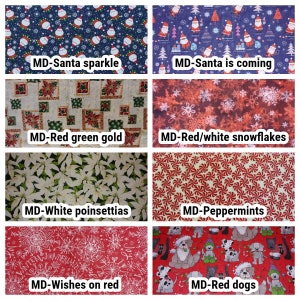 May include: A collage of eight different fabric patterns featuring Christmas themes. The patterns include Santa Claus, snowflakes, poinsettias, candy canes, and dogs. The text "MD-Santa sparkle", "MD-Santa is coming", "MD-Red green gold", "MD-Red/white snowflakes", "MD-White poinsettias", "MD-Peppermints", "MD-Wishes on red", and "MD-Red dogs" is displayed below each pattern.