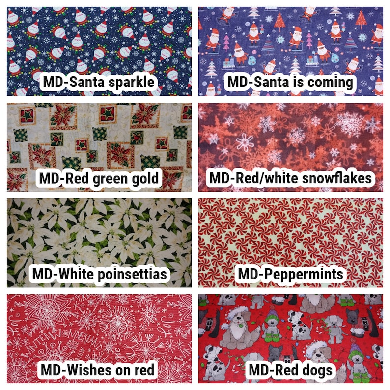 May include: A collage of eight different fabric patterns featuring Christmas themes. The patterns include Santa Claus, snowflakes, poinsettias, candy canes, and dogs. The text "MD-Santa sparkle", "MD-Santa is coming", "MD-Red green gold", "MD-Red/white snowflakes", "MD-White poinsettias", "MD-Peppermints", "MD-Wishes on red", and "MD-Red dogs" is displayed below each pattern.
