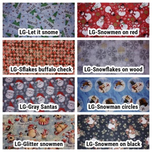 May include: A collage of ten different Christmas wrapping paper designs. The designs include snowflakes, snowmen, Santas, and the text "Let it snow".