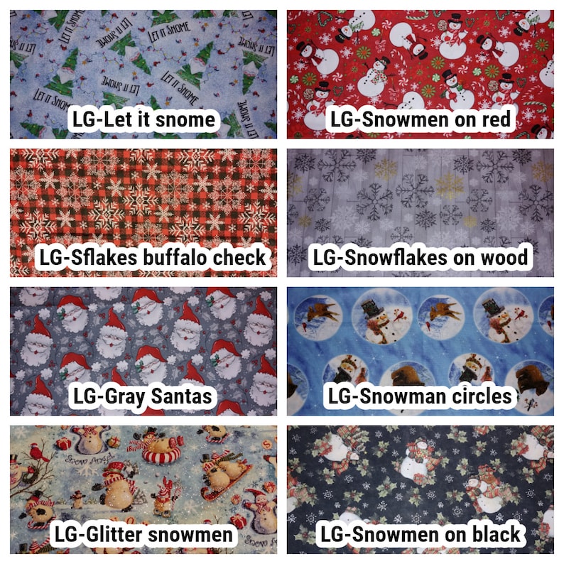 May include: A collage of ten different Christmas wrapping paper designs. The designs include snowflakes, snowmen, Santas, and the text "Let it snow".
