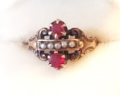 Antique Victorian Simulated Ruby and Seed Pearl 10k Gold Ring