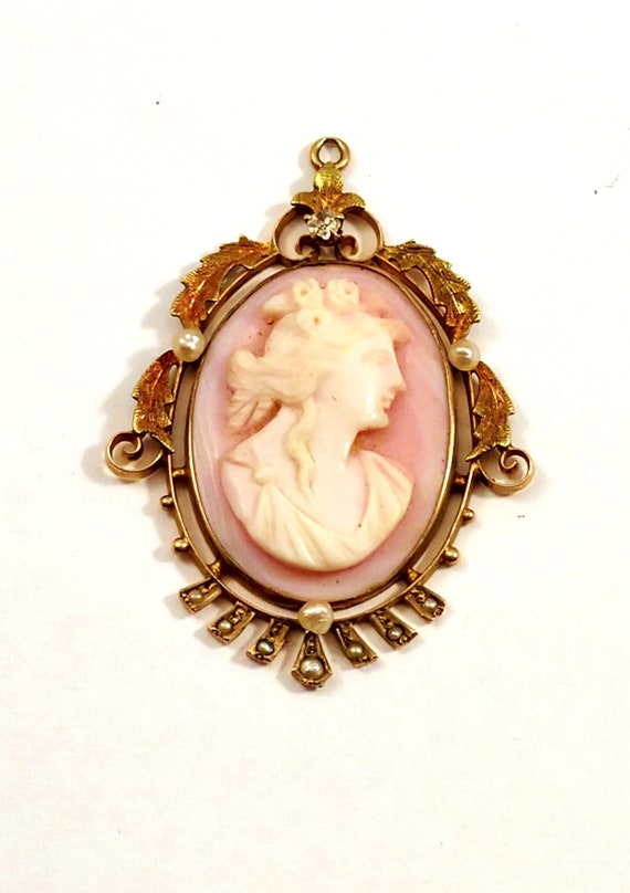 Cameo Necklace with Diamond in 10k Gold, 1910's