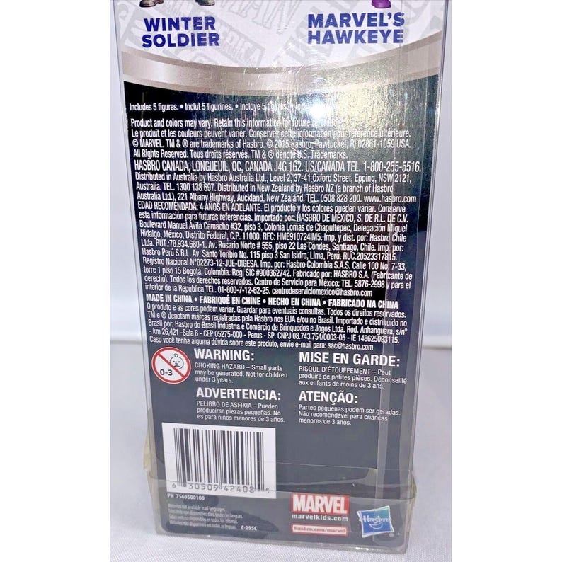 May include: A plastic package containing a Marvel's Hawkeye and Winter Soldier action figure set. The package is red, black, and white with the Marvel logo and the words "Marvel's Hawkeye" and "Winter Soldier".