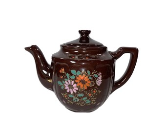 Vintage Japan Moriage Redware Hand Painted Floral Tea Pot  5”Tall O400