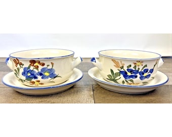 2 Vintage Cisco Chi Jiang  China 2 Handle Soup Bowls With Saucers Blue Floral