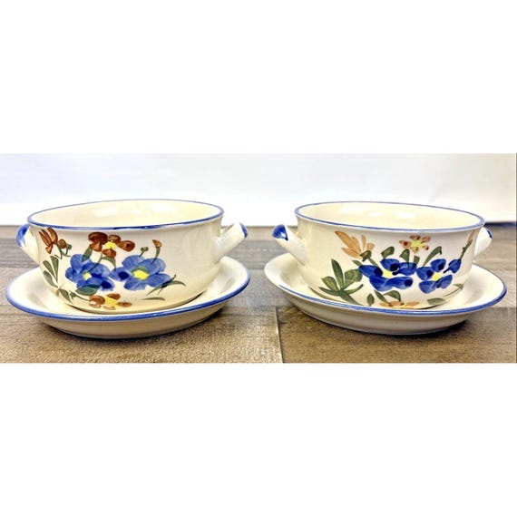 2 Vintage Cisco Chi Jiang China 2 Handle Soup Bowls With Saucers
