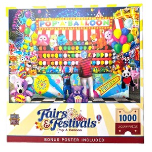 May include: A 1000 piece jigsaw puzzle featuring a colorful carnival scene with a 'Pop-A-Balloon' game. The game features a red and white striped tent with a sign that reads 'Pop-A-Balloon'. There are many colorful balloons and stuffed animals in the scene.