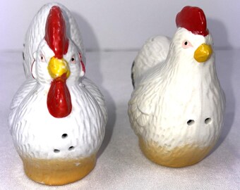 Vintage keramisch peper- en zoutstel met kip en haan PIN01
