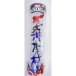May include: A clear plastic tube containing five small plastic Marvel superhero figures. The figures include Ant-Man, Captain America, Hawkeye, and two figures of Spider-Man. The tube has a blue and red label with the text "MARVEL 500" on it.
