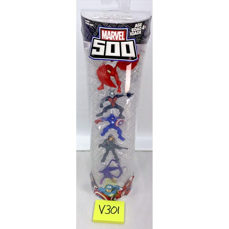 May include: A clear plastic tube containing five small Marvel 500 action figures. The figures are of Ant-Man, Captain America, Black Widow, Scarlet Witch, and Hawkeye. The tube has a yellow label with the text "V301" on it.