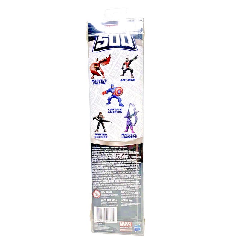 Op de afbeelding: Een plastic verpakking met een transparante voor- en achterkant die verschillende Marvel-superhelden-actionfiguren laat zien. De figuren omvatten Captain America, Falcon, Ant-Man, Winter Soldier en Hawkeye. De verpakking heeft bovenaan een 500-logo en onderaan het woord "MARVEL".