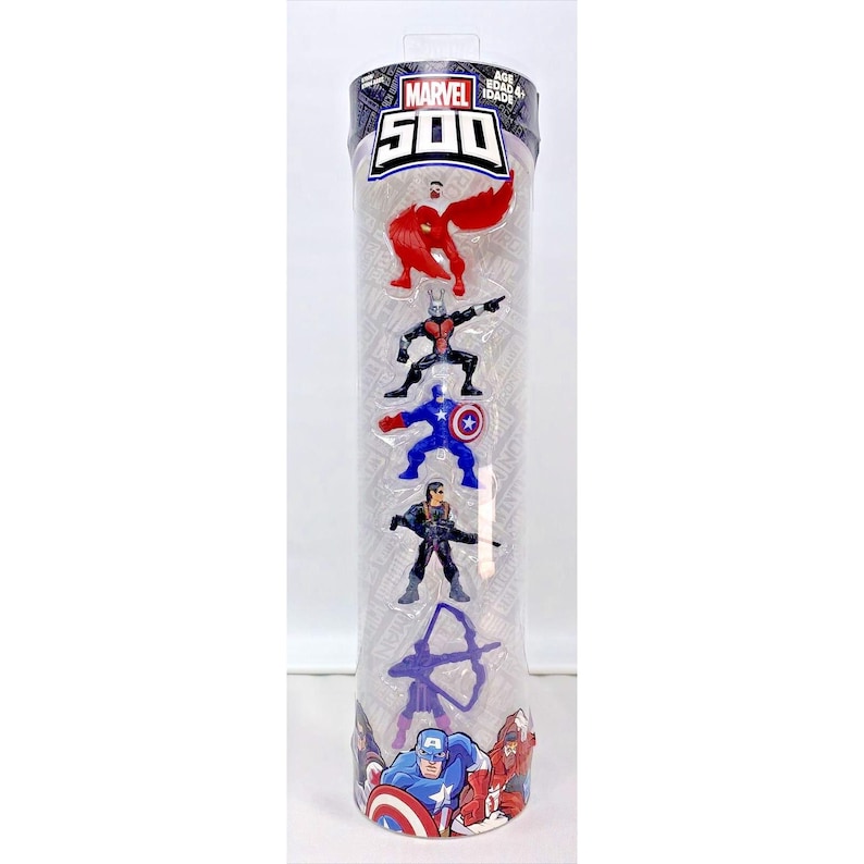 May include: A clear plastic tube containing five small Marvel 500 action figures. The figures are of Ant-Man, Captain America, Hawkeye, Scarlet Witch, and a purple bow and arrow. The tube has a white label with the words "Marvel 500" in red and black.