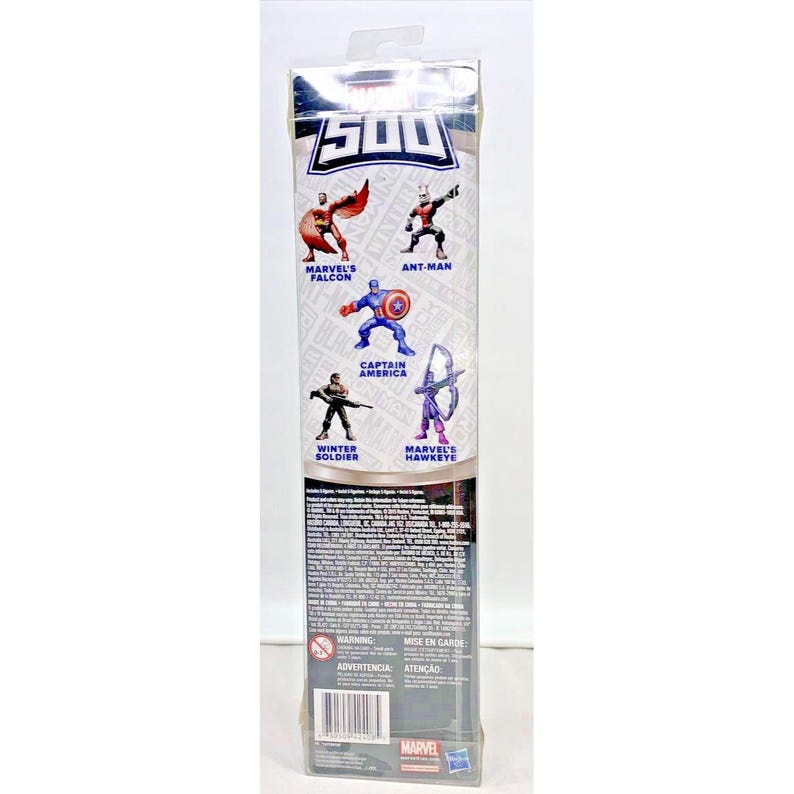 May include: Back of a plastic packaging for a Marvel 500 action figure. The packaging shows images of the characters: Marvel's Falcon, Ant-Man, Captain America, Winter Soldier, and Marvel's Hawkeye.