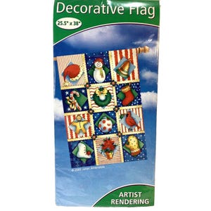 May include: A decorative Christmas flag with a patchwork design featuring various holiday icons, including a snowman, a stocking, a candy cane, a wreath, a gingerbread man, an ornament, a cardinal, a poinsettia, a mitten, and a boot. The flag is 25.5 inches by 38 inches and is printed with the text "2005 Janet Amendola".
