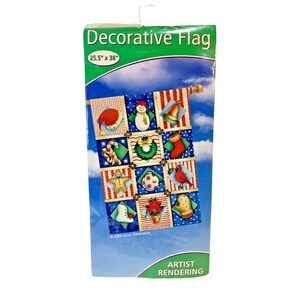 May include: A decorative Christmas flag with a patchwork design featuring various holiday icons, including a snowman, a stocking, a gingerbread man, and a cardinal. The flag is 25.5 inches by 38 inches and is packaged in a plastic sleeve with a header that reads "Decorative Flag".