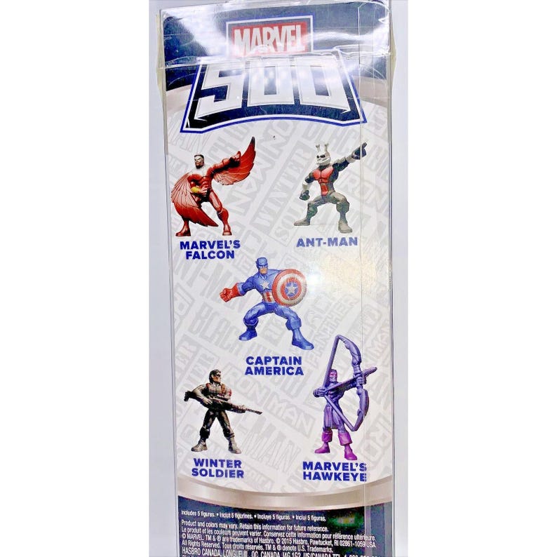 May include: A cardboard box with a display of six Marvel Super Hero Squad figures. The figures include Captain America, Winter Soldier, Marvel's Hawkeye, Ant-Man, Marvel's Falcon, and Black Panther. The box is blue and white with the Marvel Super Hero Squad logo.