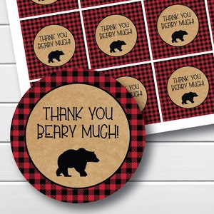 Printable Lumberjack Favor Tags - Thank You Beary Much Stickers - Lumberjack Baby Shower Favor - Baby Shower Thank You Buffalo Plaid