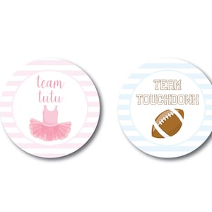 Touchdown&#39;s Or Tutu&#39;s - Gender Reveal Party Stickers - Team Pink - Team Blue - Gender Reveal Pins - Gender Reveal Tags - Co Ed Baby Shower