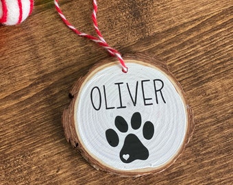 Pet Ornament - Wood Log Christmas Decor - Country - Rustic - Wood Log Personalized Ornament - Paw Print - Pet Dog Cat Remembrance Gift Name