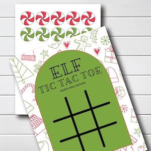 May include: Two Christmas-themed game cards. One card features red and white peppermint candies and green and white candies. The other card is a green Elf Tic Tac Toe game with the text "North Pole Edition".