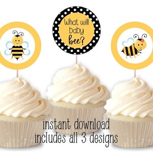 Bee Baby Shower Printable Cupcake Toppers - Gender Reveal Party - What will baby bee? - He Or She Baby Shower - Bumble Bee Party Decor