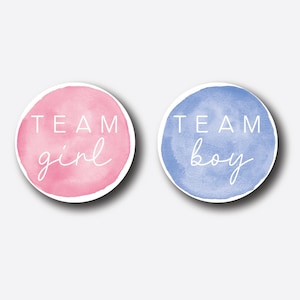 Gender Reveal Party Stickers - Team Girl - Team Boy - Gender Reveal Pins - Gender Reveal Tags - Co Ed Baby Shower - Watercolor