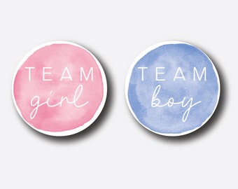 Gender Reveal Party Stickers - Team Girl - Team Boy - Gender Reveal Pins - Gender Reveal Tags - Co Ed Baby Shower - Watercolor