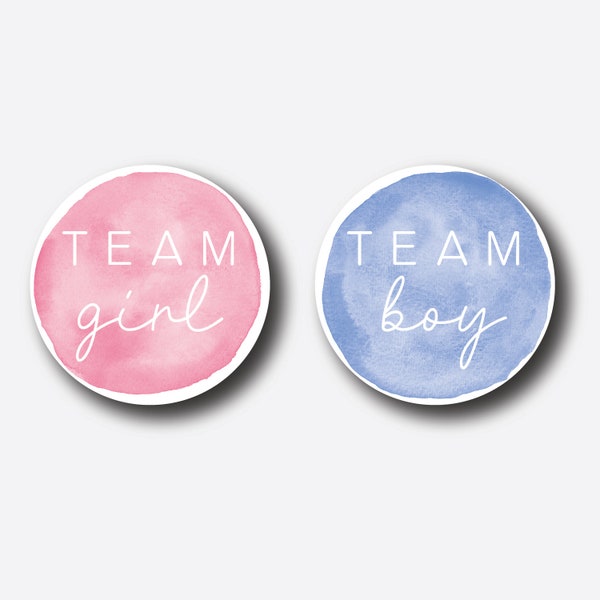 Gender Reveal Party Stickers - Team Girl - Team Boy - Gender Reveal Pins - Gender Reveal Tags - Co Ed Baby Shower - Watercolor