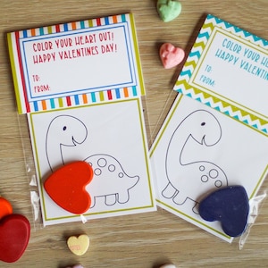Color Your Heart Out Valentines - Crayon Valentines - Valentines Day Crayons - Classroom Valentines - Heart Crayons - Valentines Dinosaur