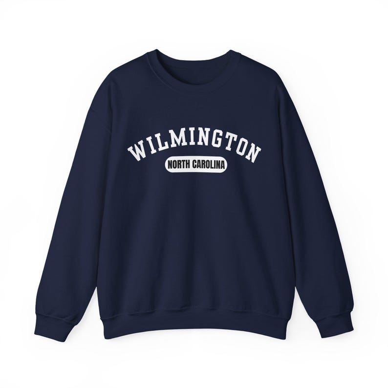 Wilmington, North Carolina Sweatshirt, Collegiate Design Navy