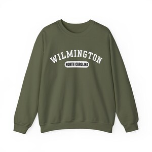 Wilmington, North Carolina Sweatshirt, Collegiate Design Military Green