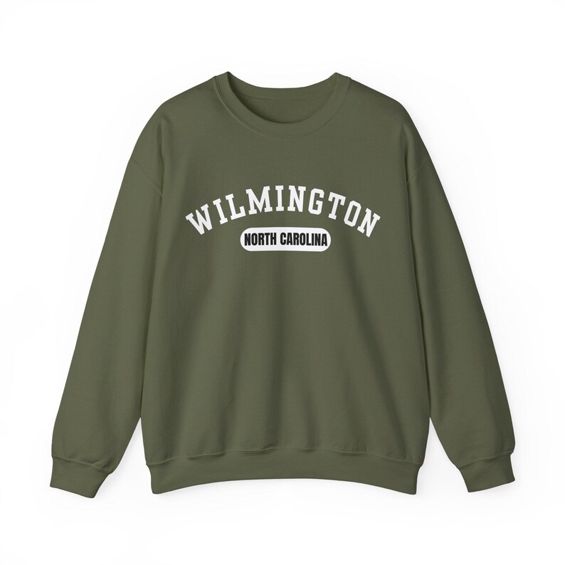 Wilmington, North Carolina Sweatshirt, Collegiate Design Military Green