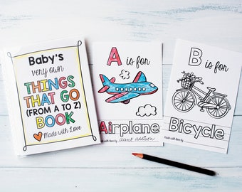 Baby Shower Activity Personalized ABC Book - Transportation Coloring Printable, Construction Trucks, Boy Baby Shower, PDF Download