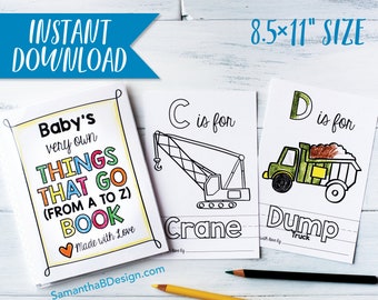 Book Baby Coloring ABC Baby Shower Activity - Transportation Coloring Printable / Construction Trucks / Boy Baby Shower / PDF Download