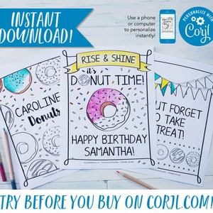 Donut Birthday Party Personalized Coloring Sheets Party Favor or Activity / PDF Download 8.5x11"