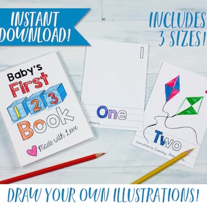 May include: A printable book for babies with the title "Baby's First 123 Book" and the text "Made with Love". The book features colorful illustrations of numbers 1, 2, and 3. The image also shows a blank page with the word "One" and a page with the word "Two" and a drawing of a kite.