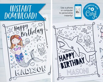 Mermaid Shark Birthday Party Coloring Sheet Party Favors or Activity BUNDLE / PDF Download 8.5x11"