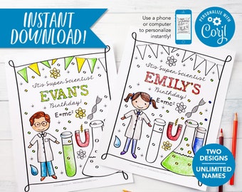 Super Scientist Personalized Birthday Party Boy and Girl Coloring Sheet Activity / 2 Editable Designs / PDF Download 8.5x11"