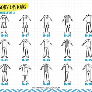 May include: A grid of fifteen black and white stick figure illustrations labeled BODY OPTIONS PAGE 2 OF 3, displaying various clothing combinations including t-shirts, long-sleeve shirts, shorts, and pants, each identified with codes from B-16 to B-30.