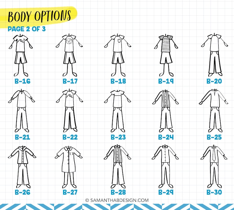 May include: A grid of fifteen black and white stick figure illustrations labeled BODY OPTIONS PAGE 2 OF 3, displaying various clothing combinations including t-shirts, long-sleeve shirts, shorts, and pants, each identified with codes from B-16 to B-30.