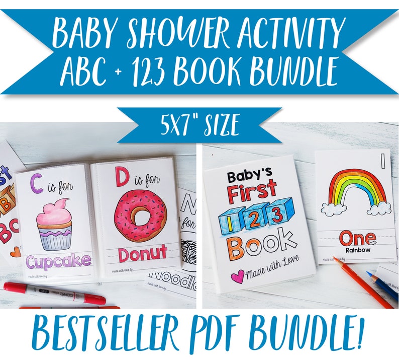 ABC Book and 123 Book Bestselling Bundle, Book Baby Shower Activity Keepsake, PDF Download 5x7 image 1